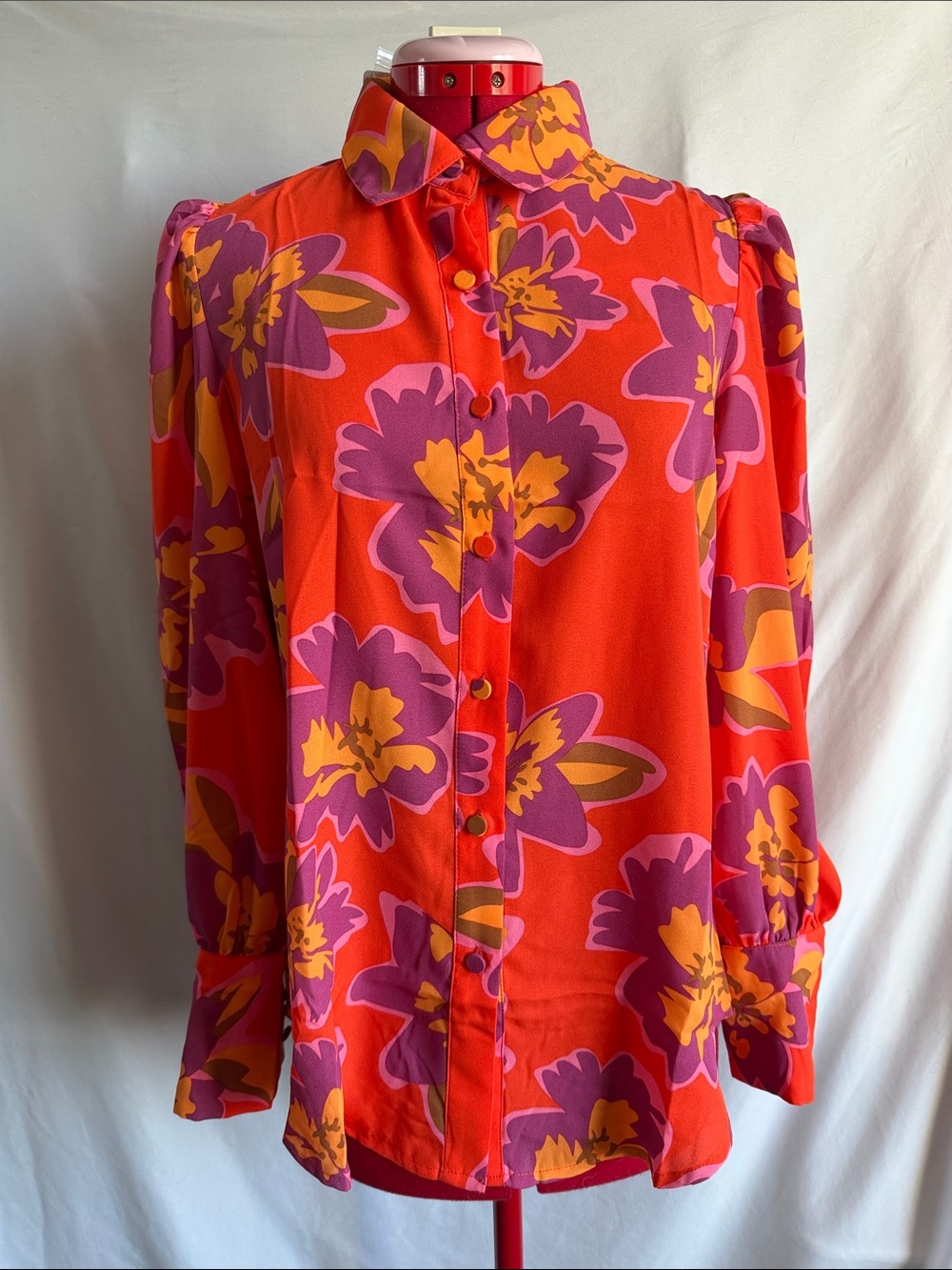 Floral Button-Front Blouse in Bright Red with Purple Accents